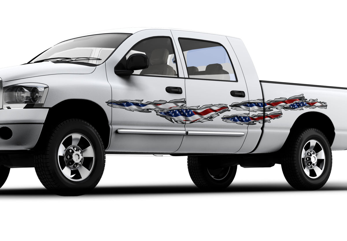 American flag tears decals on the side of white pickup truck